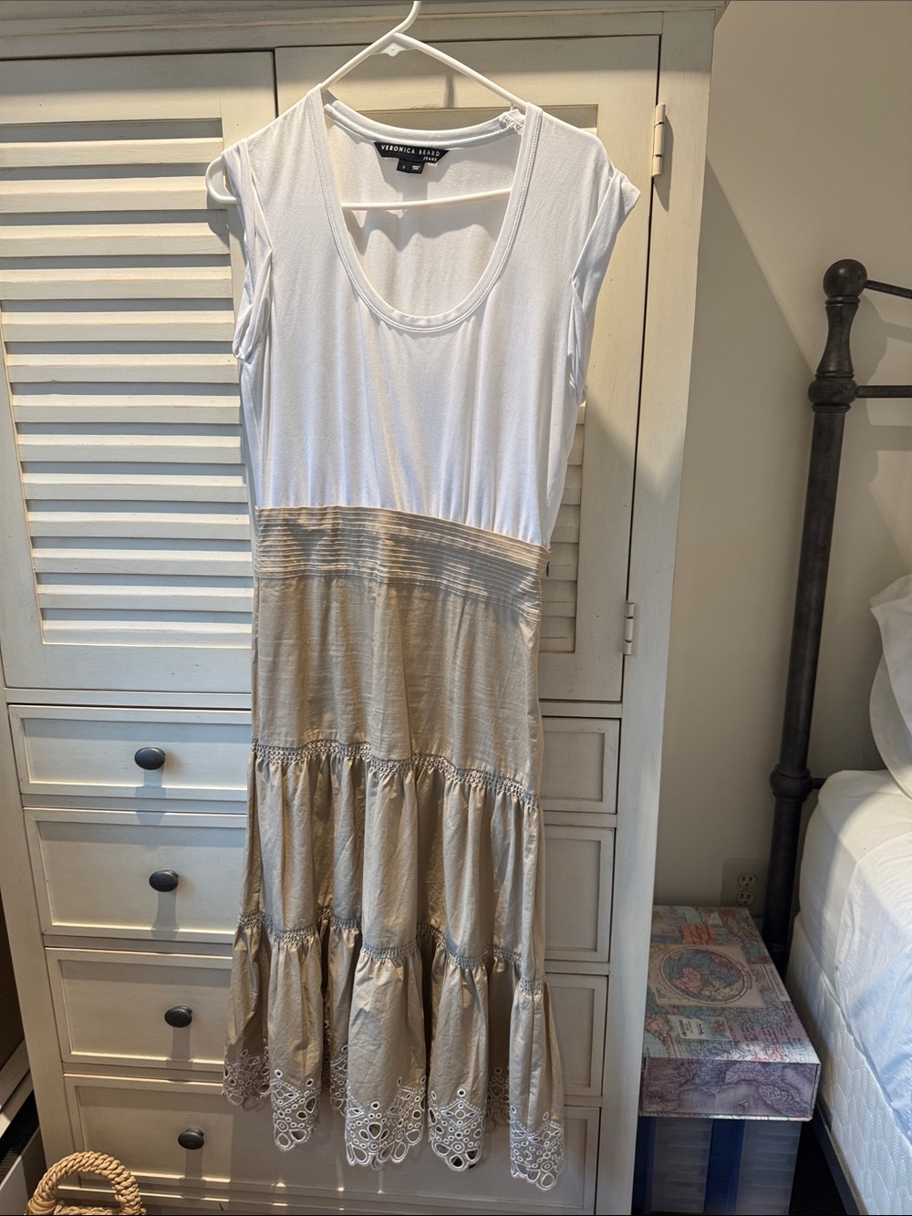 Veronica Beard White and Tan Tiered Midi Dress with Embroidered Hem